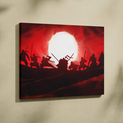 A striking red canvas print of silhouetted samurai warriors in combat against a glowing white sun in a crimson sky