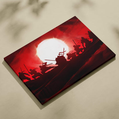 Red canvas print featuring silhouetted samurai warriors against a glowing white sun in dramatic japanese wall decor