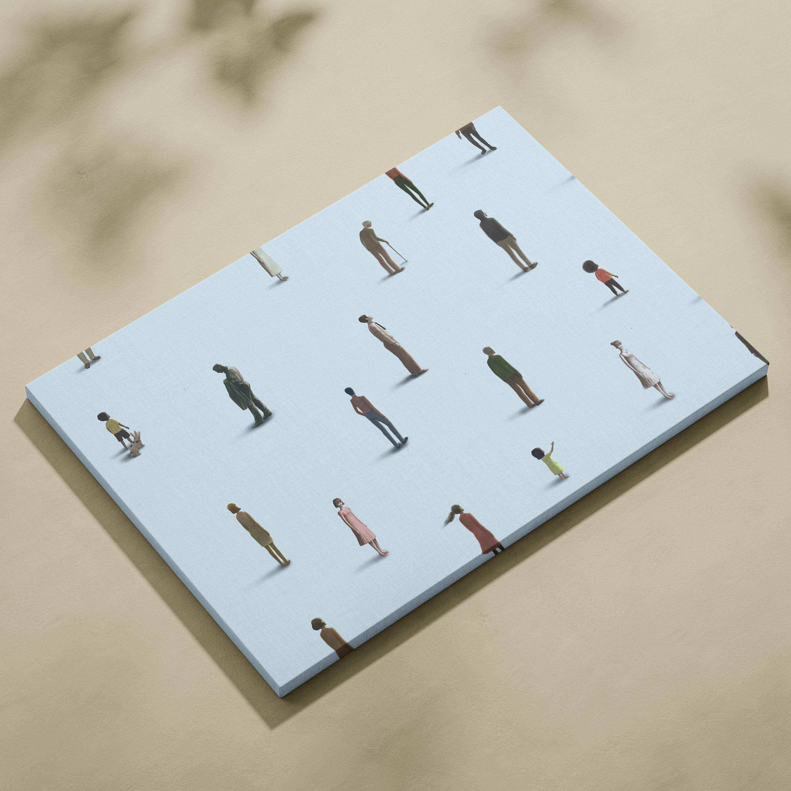 Rectangular canvas print featuring a light blue minimalist illustration of diverse human figures for modern office decor
