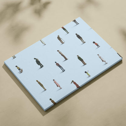Rectangular canvas print featuring a light blue minimalist illustration of diverse human figures for modern office decor