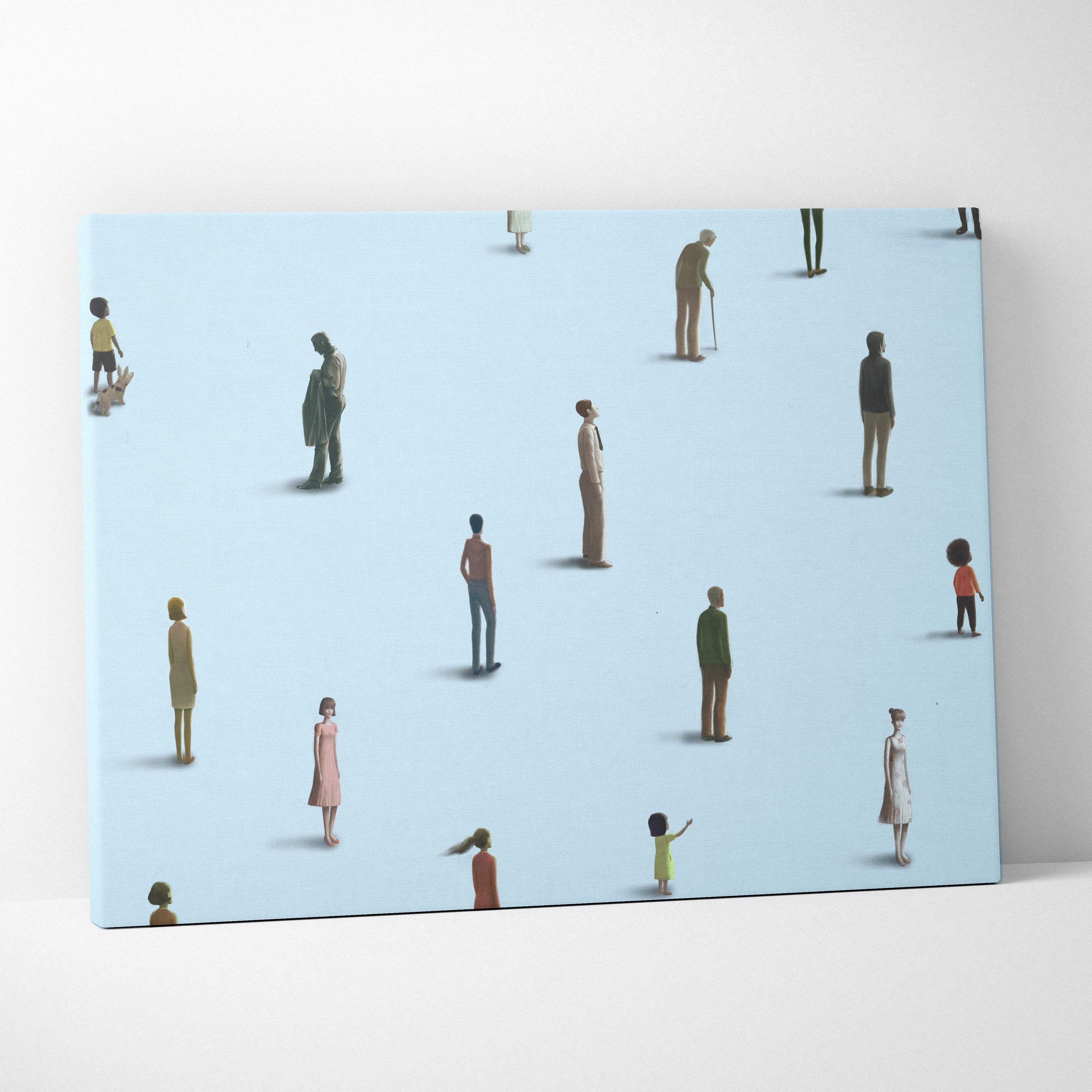 A minimalist canvas print featuring colorful stylized human figures on a light blue background for modern office decor