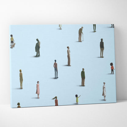 A minimalist canvas print featuring colorful stylized human figures on a light blue background for modern office decor
