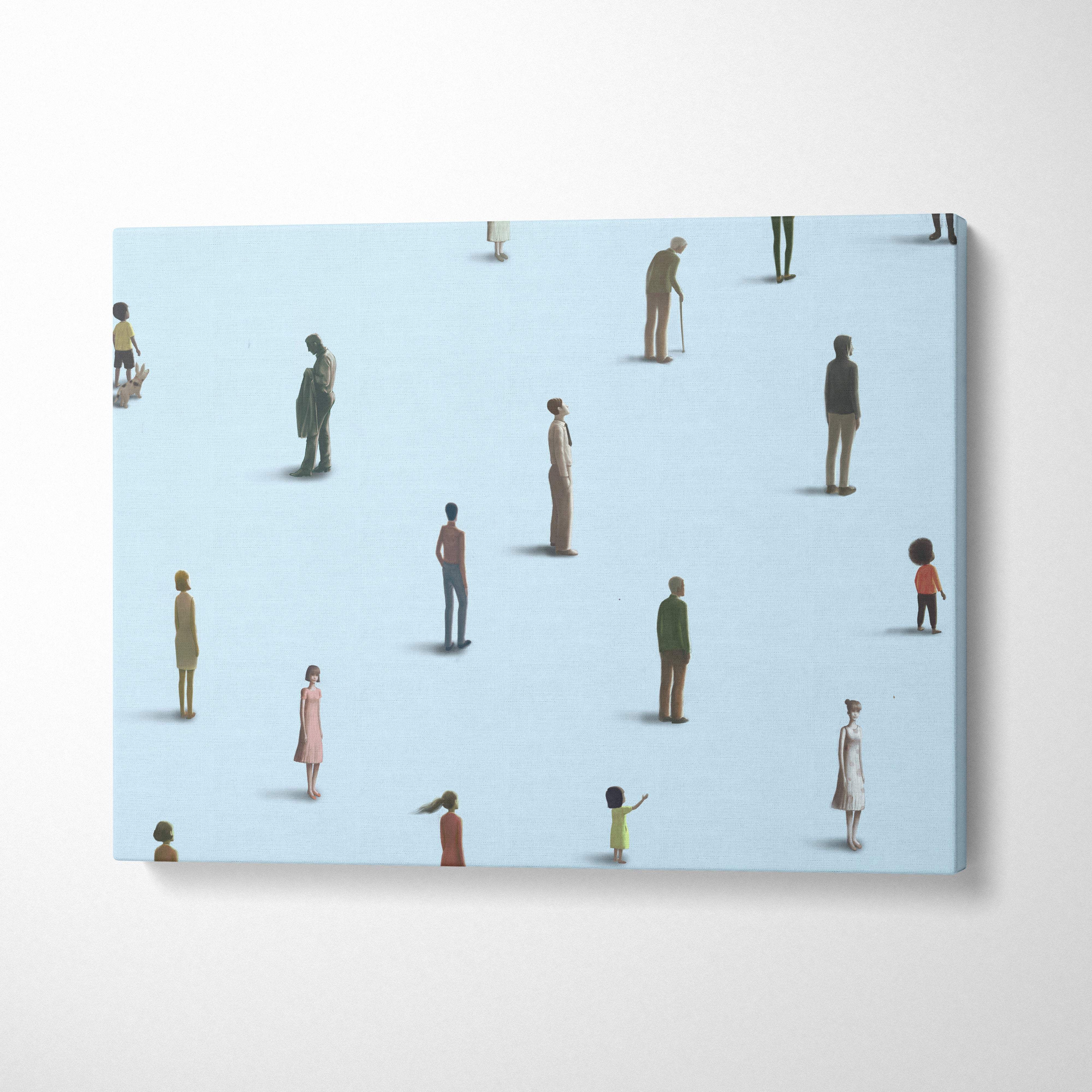 A minimalist canvas print featuring colorful human figures on a light blue background for modern office decor