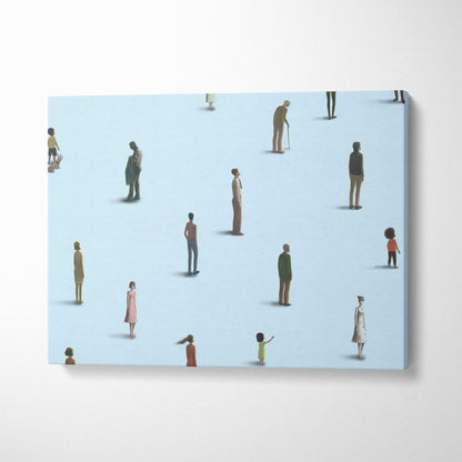 A minimalist canvas print featuring colorful human figures on a light blue background for modern office decor