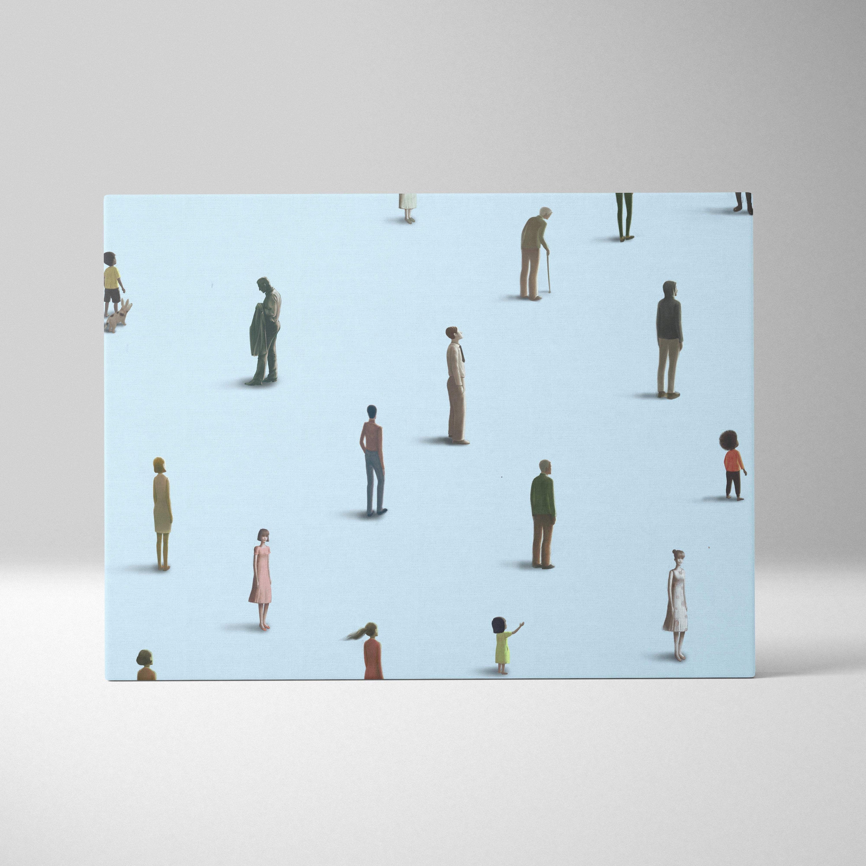 Rectangular canvas print featuring minimalist diverse human figures in muted colors on a light blue background for modern office decor