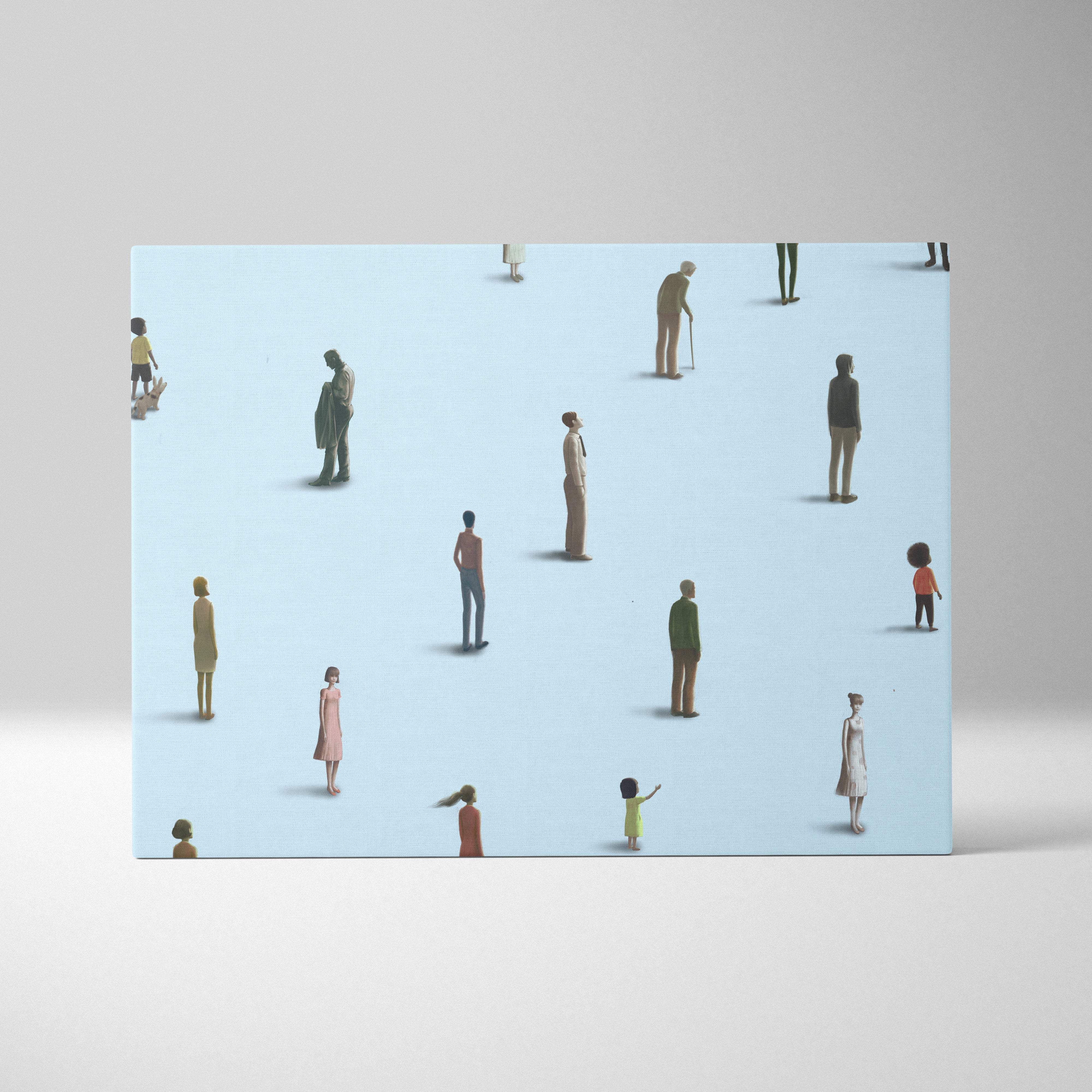 Rectangular canvas print featuring minimalist diverse human figures in muted colors on a light blue background for modern office decor