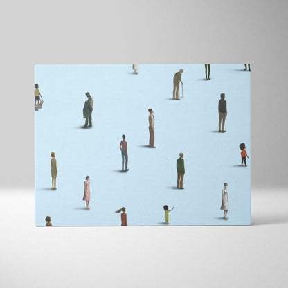 Rectangular canvas print featuring minimalist diverse human figures in muted colors on a light blue background for modern office decor