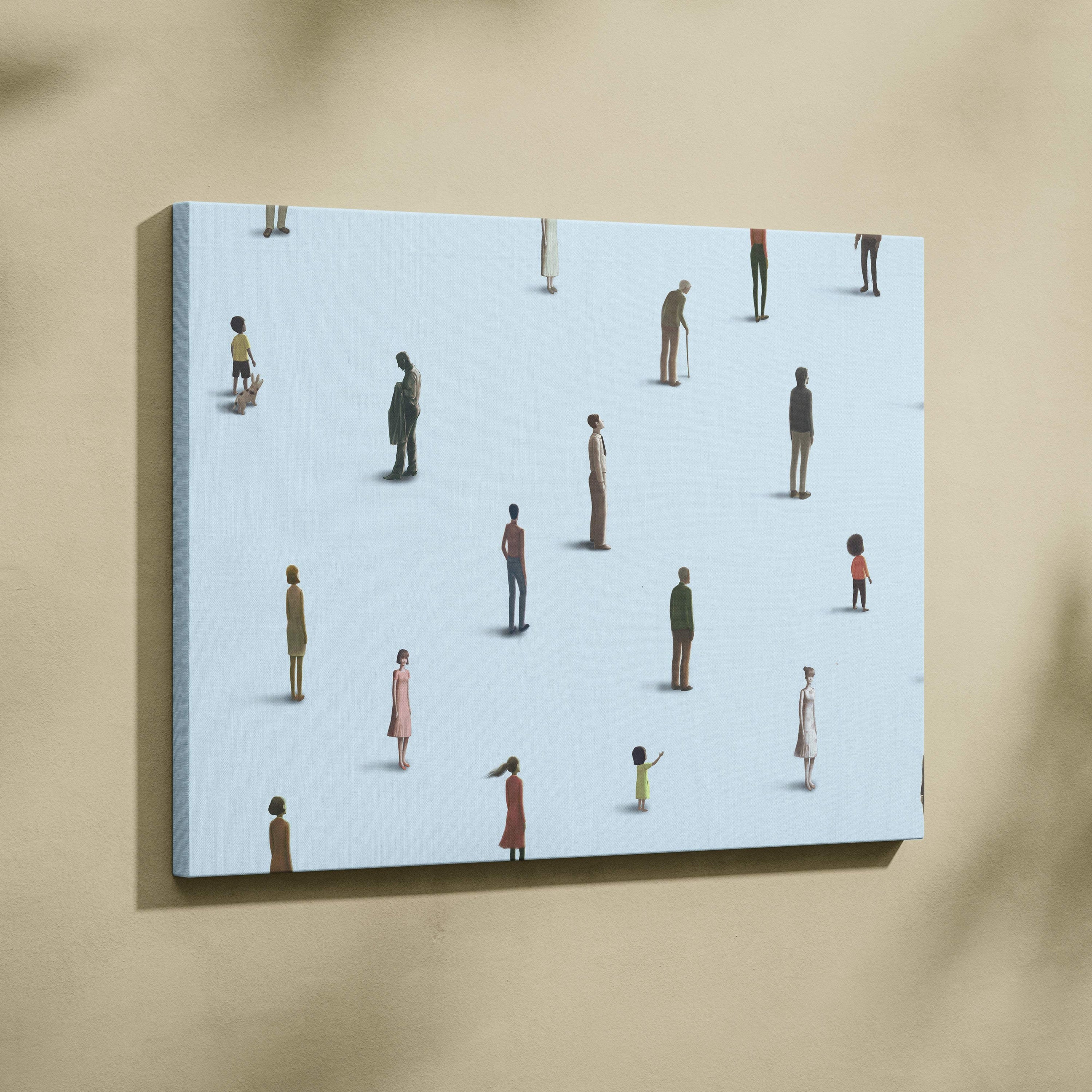 Rectangular canvas print with stylized muted color human figures on light blue background for modern office decor
