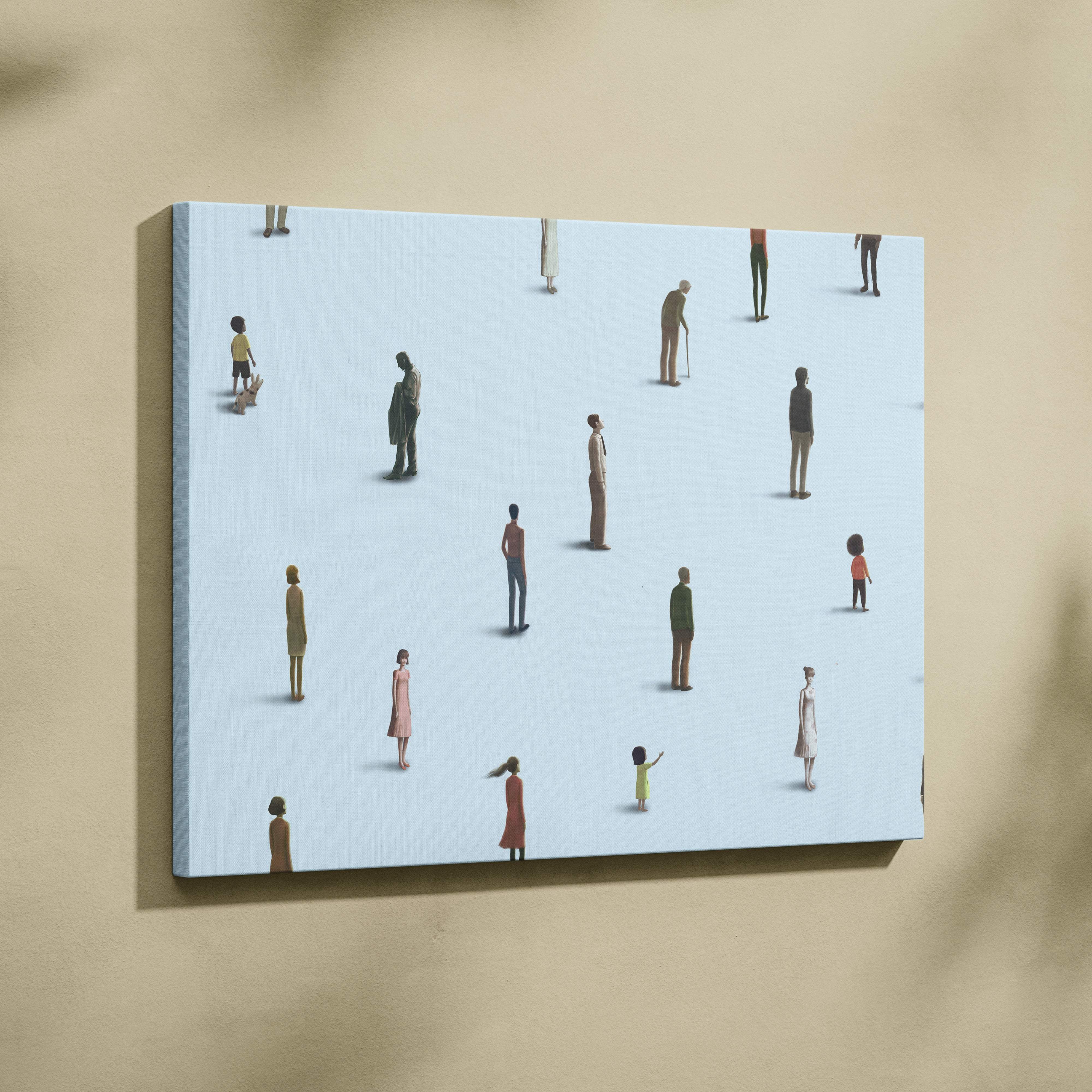 Rectangular canvas print with stylized muted color human figures on light blue background for modern office decor
