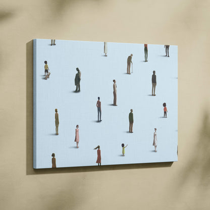 Rectangular canvas print with stylized muted color human figures on light blue background for modern office decor