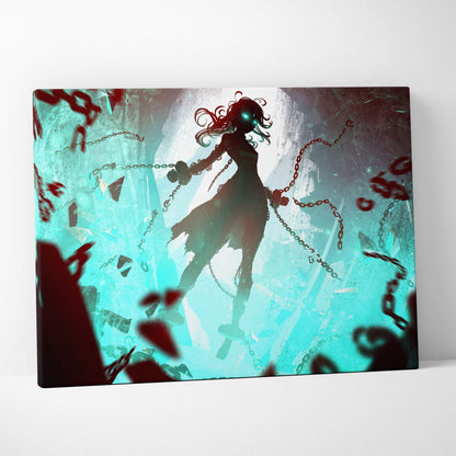 Ethereal chainbound phantom canvas art featuring anime-style silhouette with glowing green eyes red hair and shattered chains