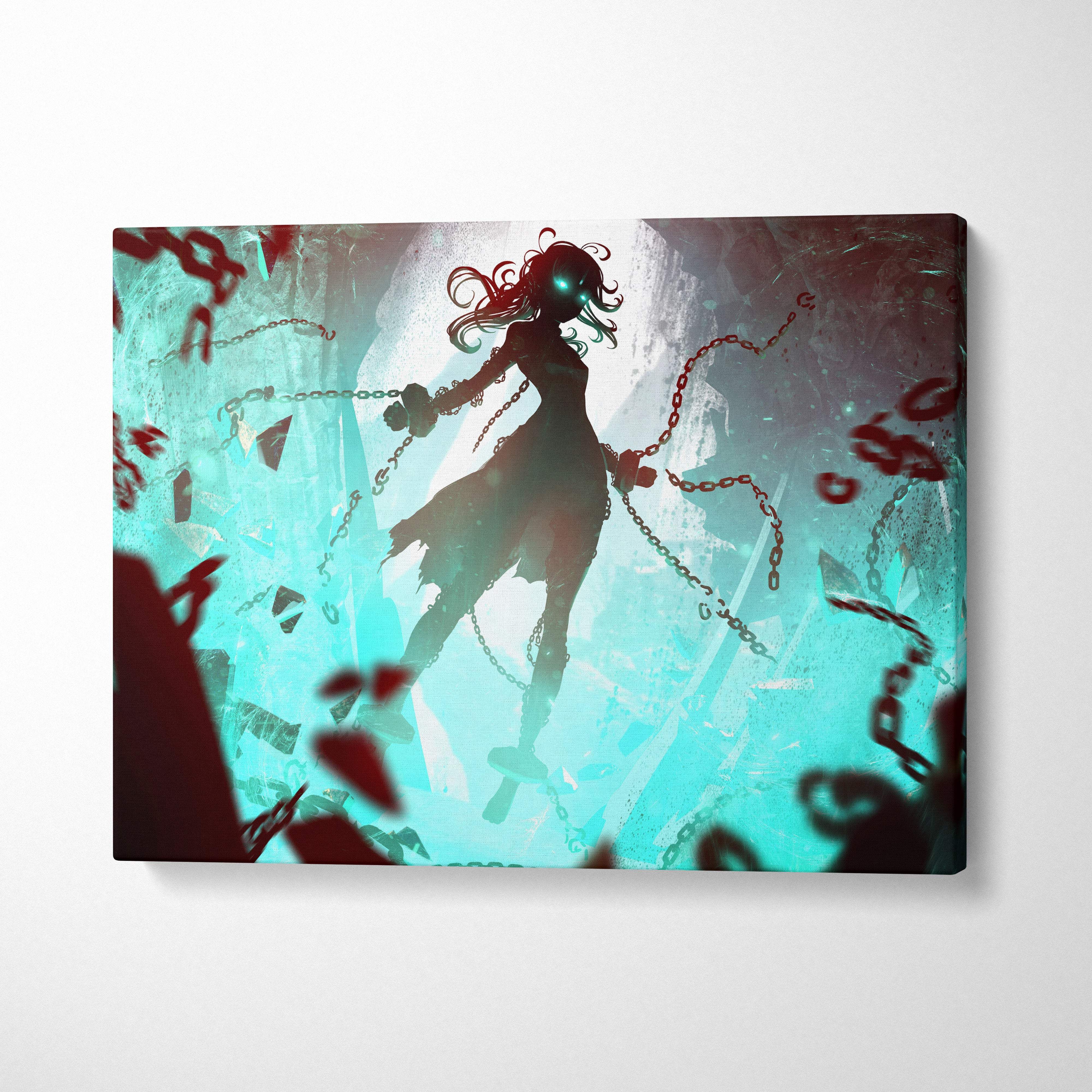 Canvas print of a stylized anime girl with glowing green eyes red hair silhouette and shattered chains on icy teal background