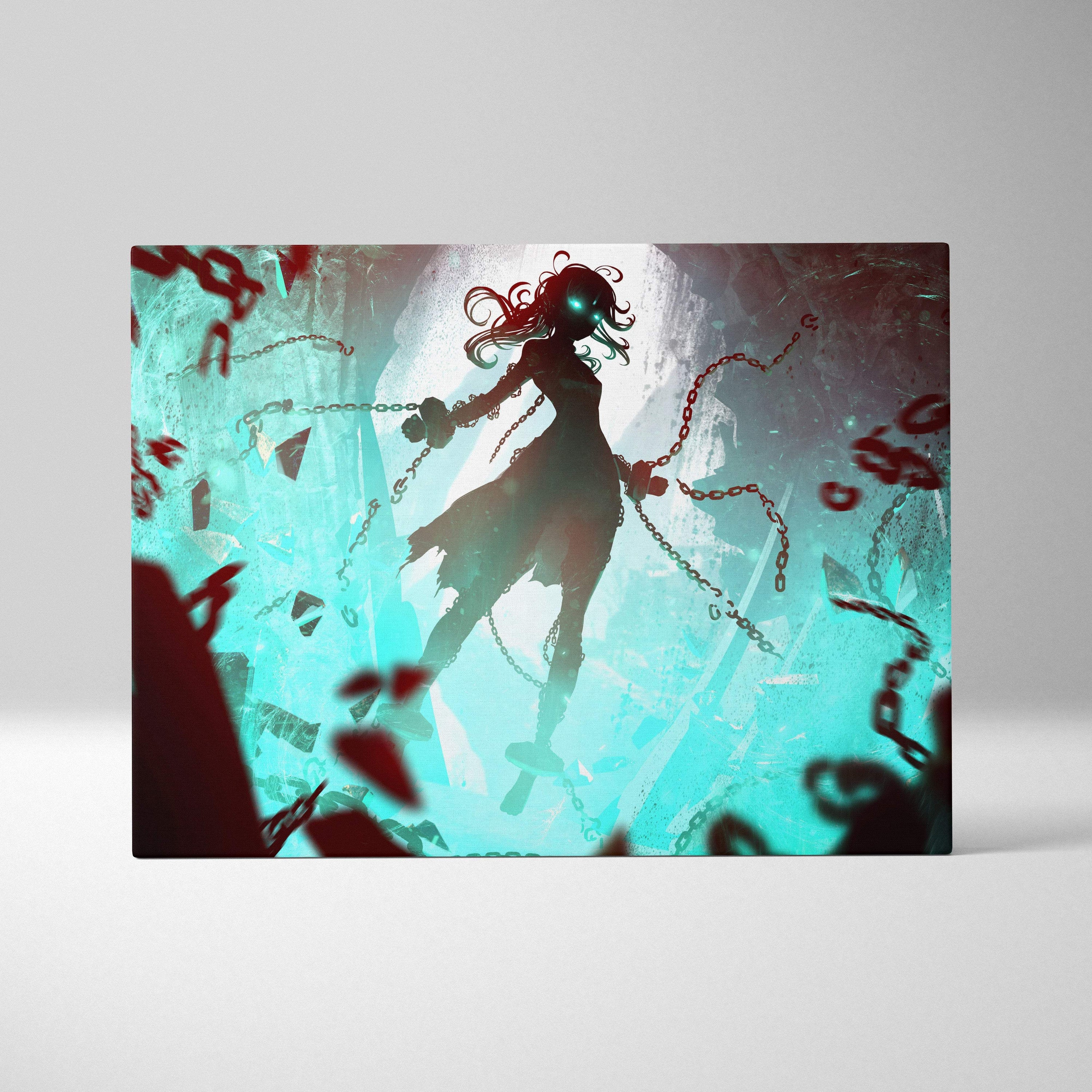 A rectangular canvas print of an anime girl with glowing green eyes red hair and chains on a teal and crimson background