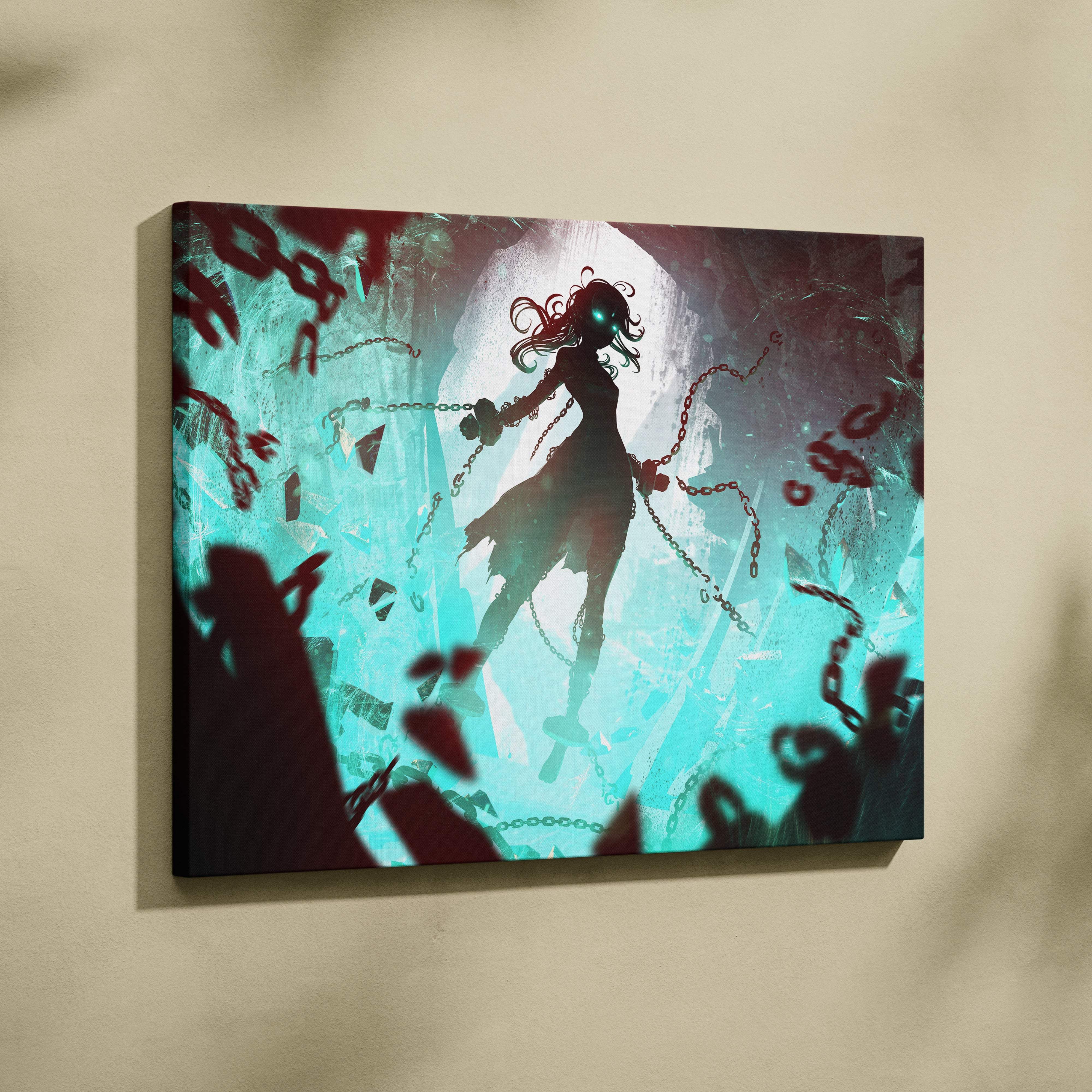 Ethereal chainbound phantom canvas art showing a stylized anime figure with glowing green eyes and red hair in teal crimson chains