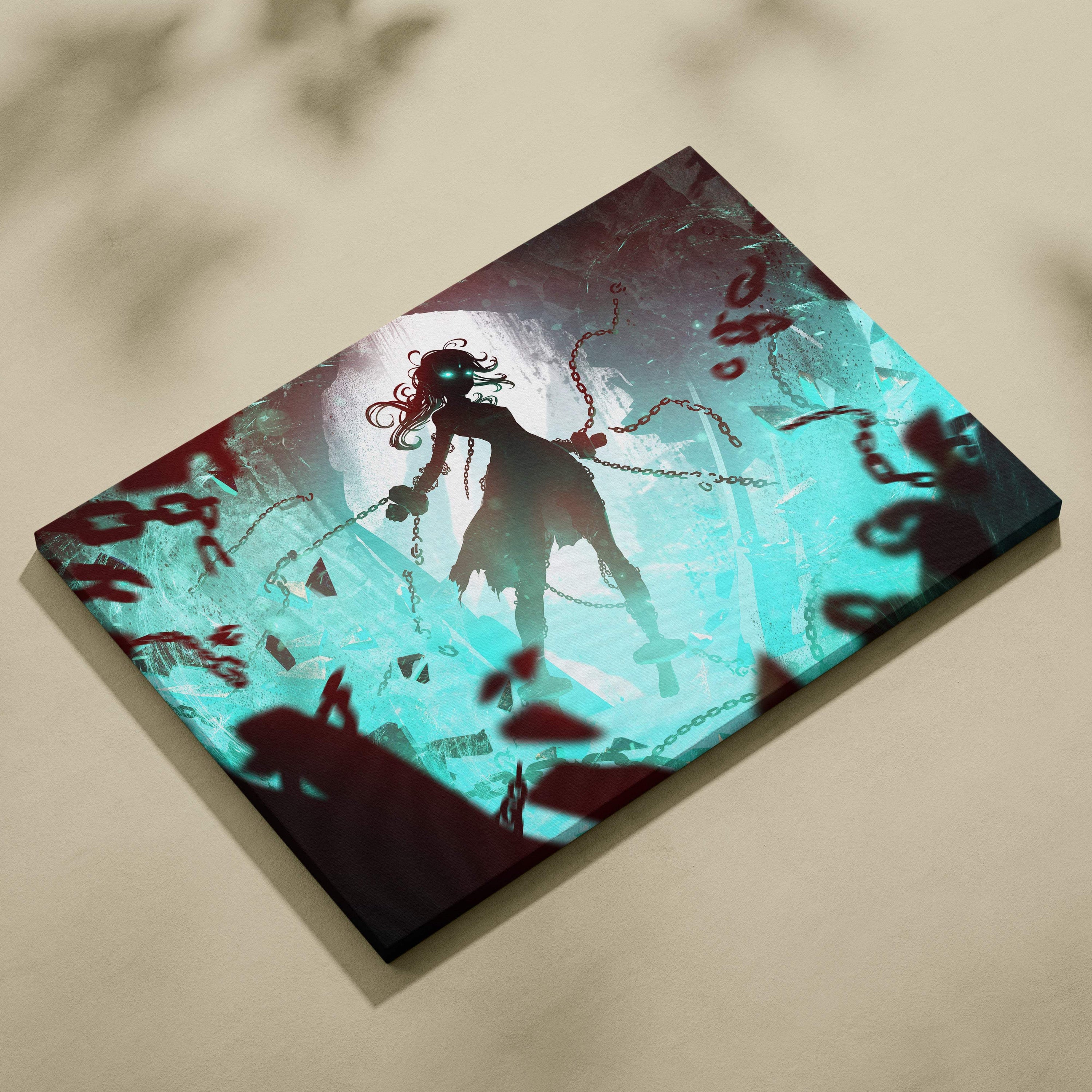 Canvas print of an anime character with glowing green eyes red hair in chains against a teal dark fantasy background