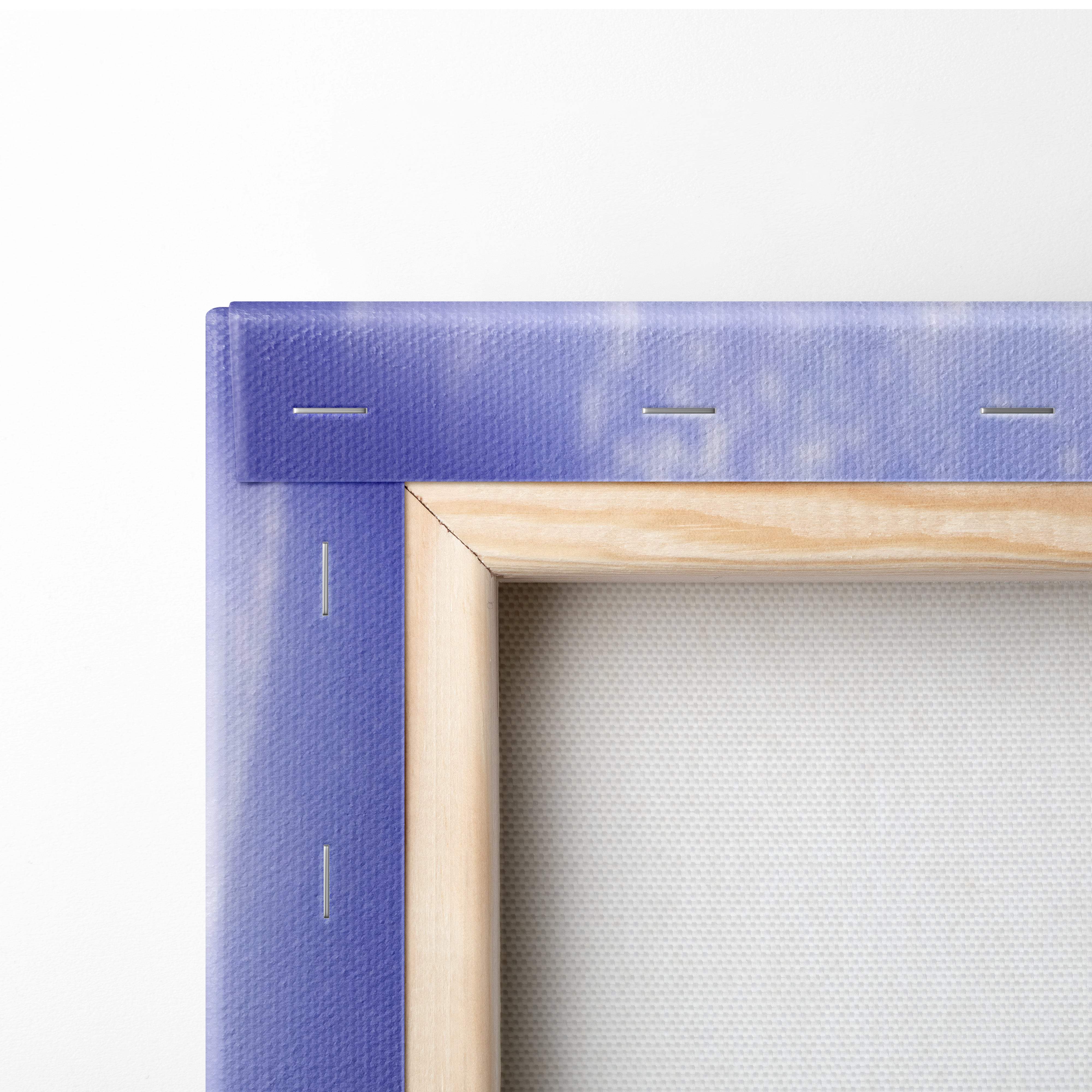 Light blue canvas art with natural wood frame stitched edges featuring a romantic cyberpunk moonlit escape silhouette