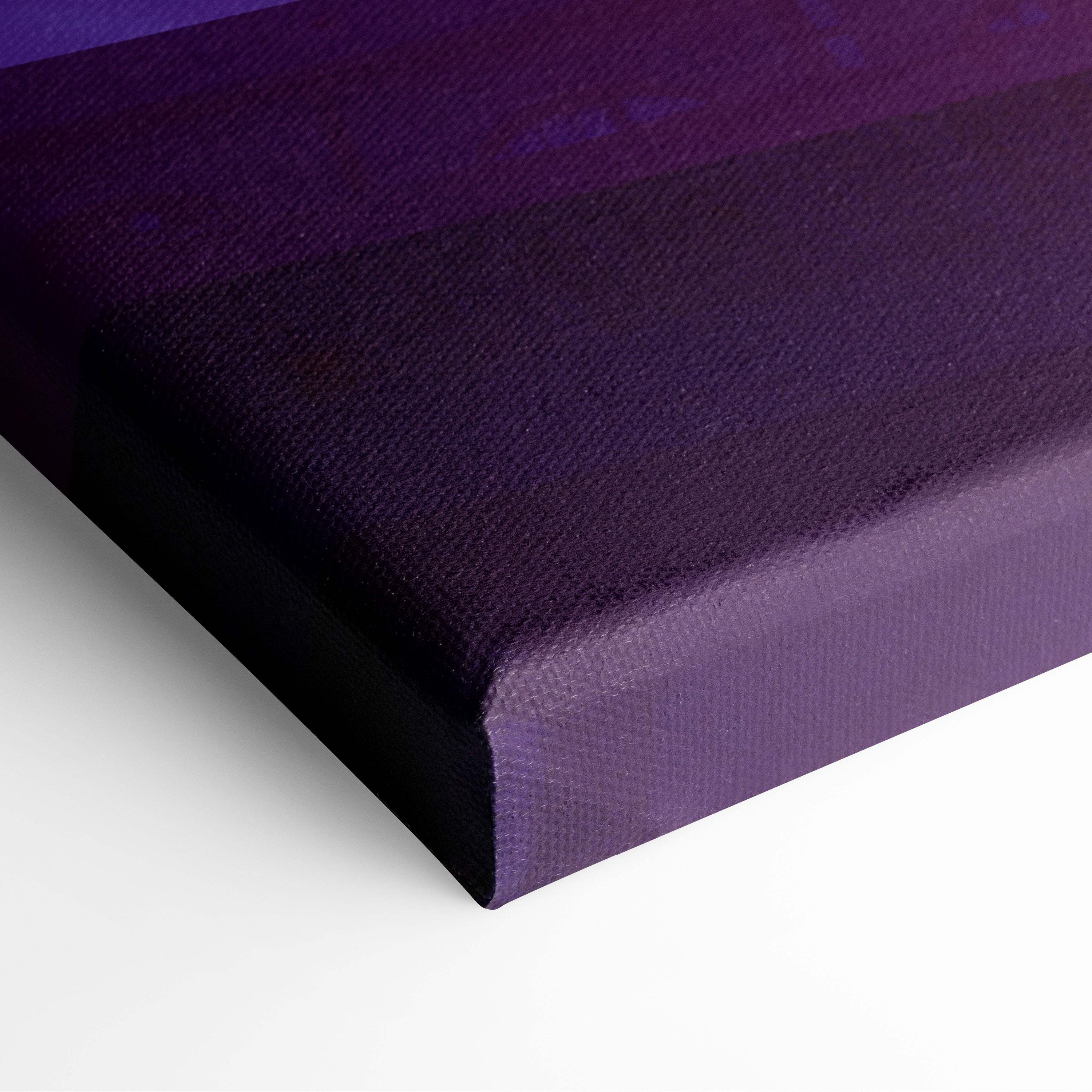 Moonlit Escape silhouette canvas art featuring purple gradient textured fabric with couple leaping rooftops neon city scene
