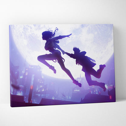 Purple and blue canvas print featuring silhouettes of a couple leaping across rooftops in a neon city night scene
