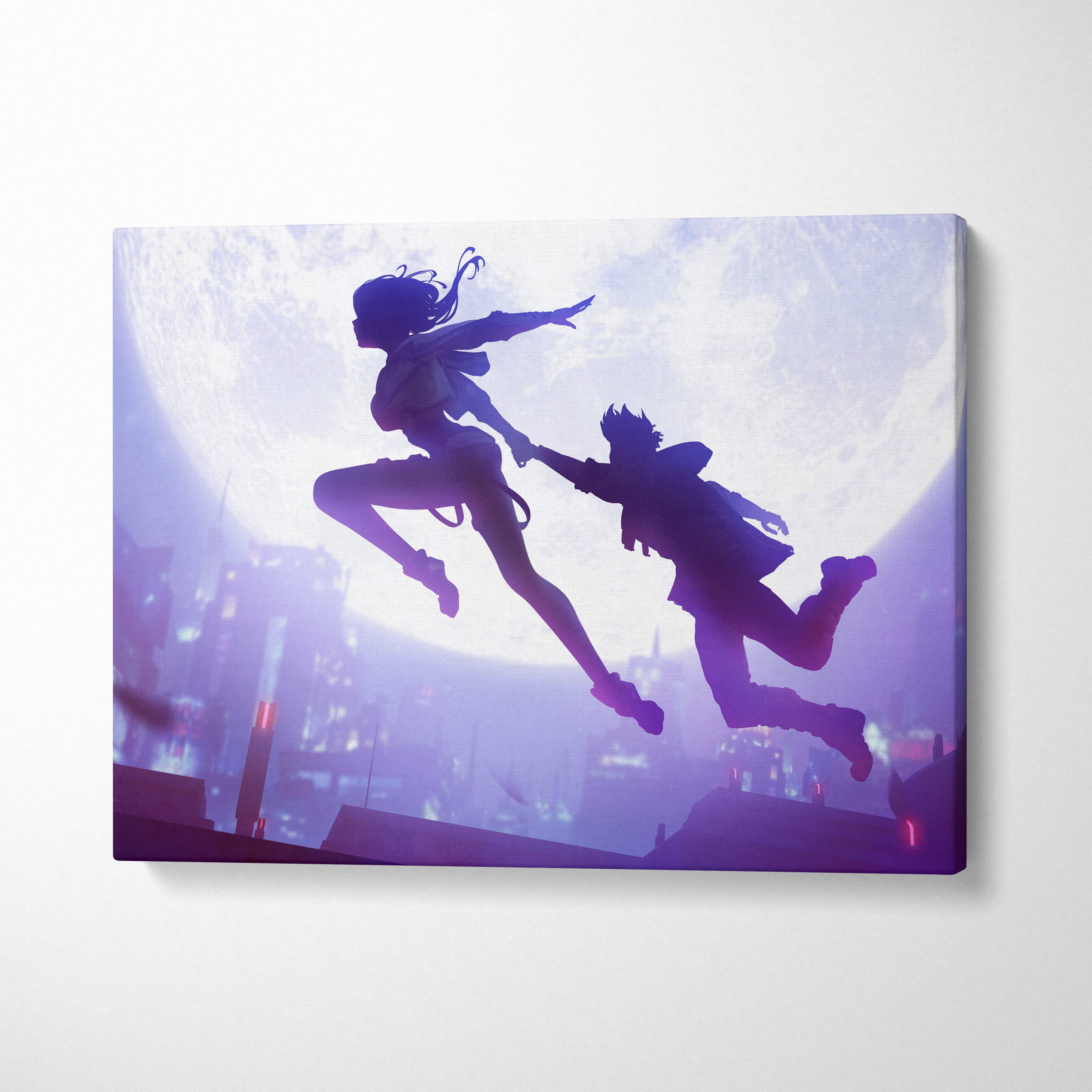 Purple and blue silhouette canvas art of two anime couple leaping through a neon cityscape for romantic wall decor