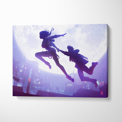 Purple and blue silhouette canvas art of two anime couple leaping through a neon cityscape for romantic wall decor