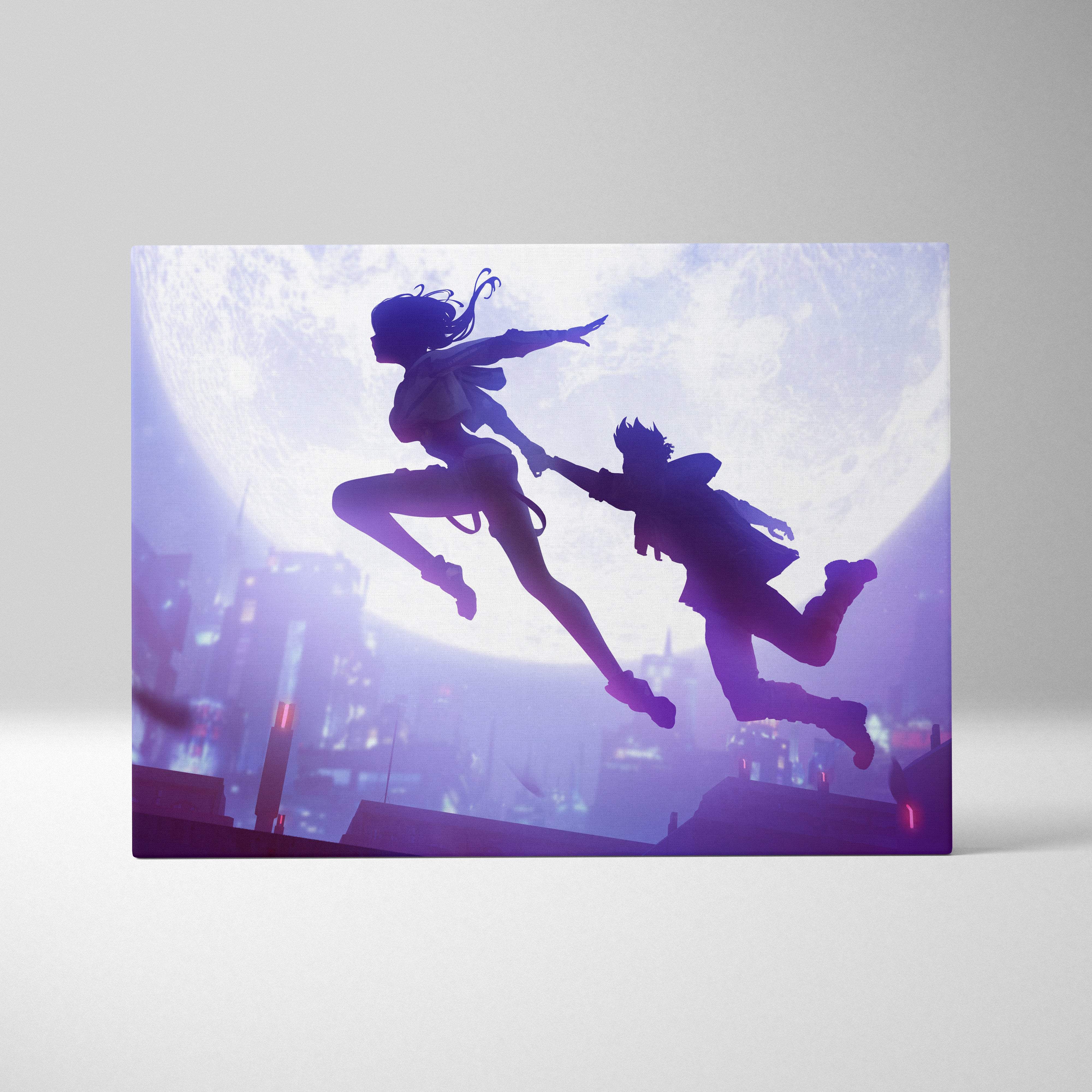 Purple and blue anime-style canvas art featuring silhouetted couple leaping against moonlit neon city rooftops