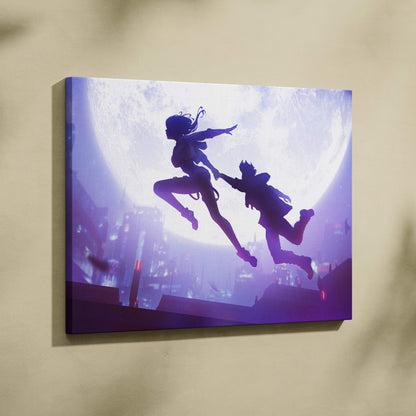 Purple and blue anime style canvas print of two silhouetted figures leaping against moonlit neon cityscape