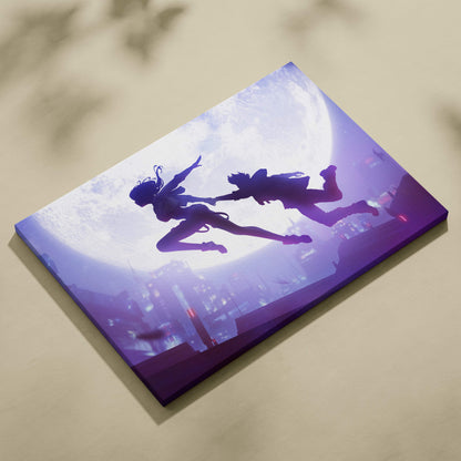 Purple canvas print featuring silhouettes of a couple leaping across moonlit neon city rooftops in romantic cyberpunk style