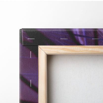 Light wood frame holding cyberpunk dual gun enforcer canvas art with abstract purple and black swirling patterns