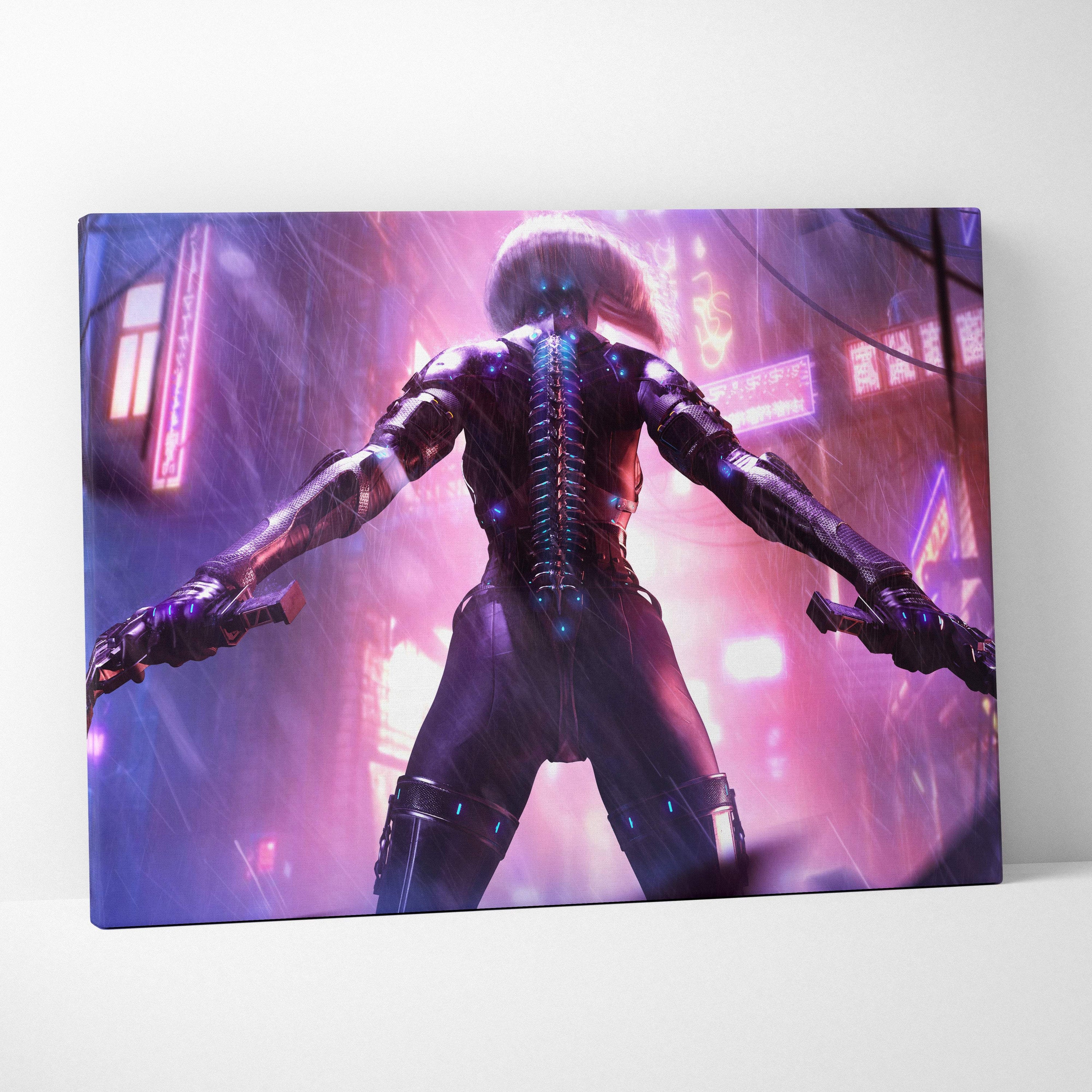 A vibrant canvas print of a cyberpunk dual gun enforcer in dark armor with glowing blue accents in neon cityscape