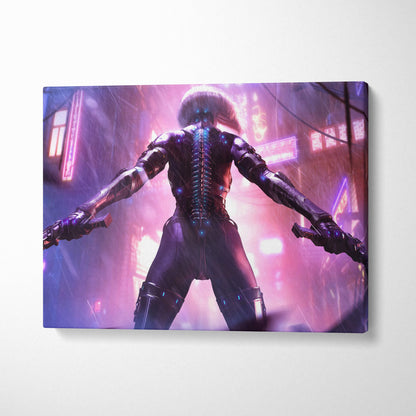 Nebula-themed canvas print of a cybernetic figure in dark glowing armor with neon cityscape background for wall decor