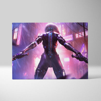 Rectangular canvas print of a cyberpunk dual gun enforcer in dark metallic armor with blue accents and neon cityscape background