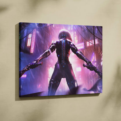 A vibrant canvas print of a cyberpunk dual gun enforcer in dark armor against neon rainy cityscape wall decor