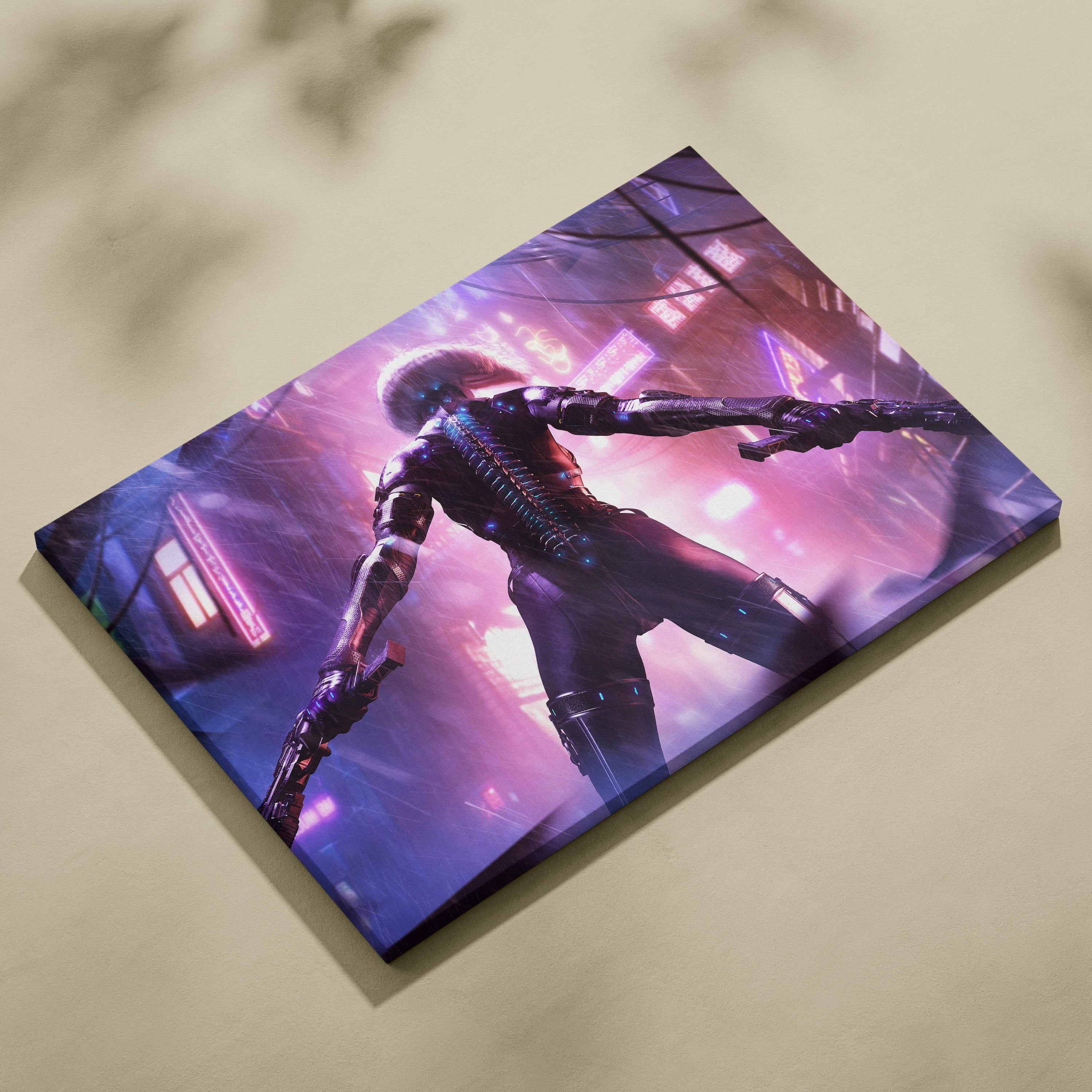 Vibrant purple and blue neon-lit cyberpunk dual gun enforcer canvas art featuring futuristic armored warrior in rainy city