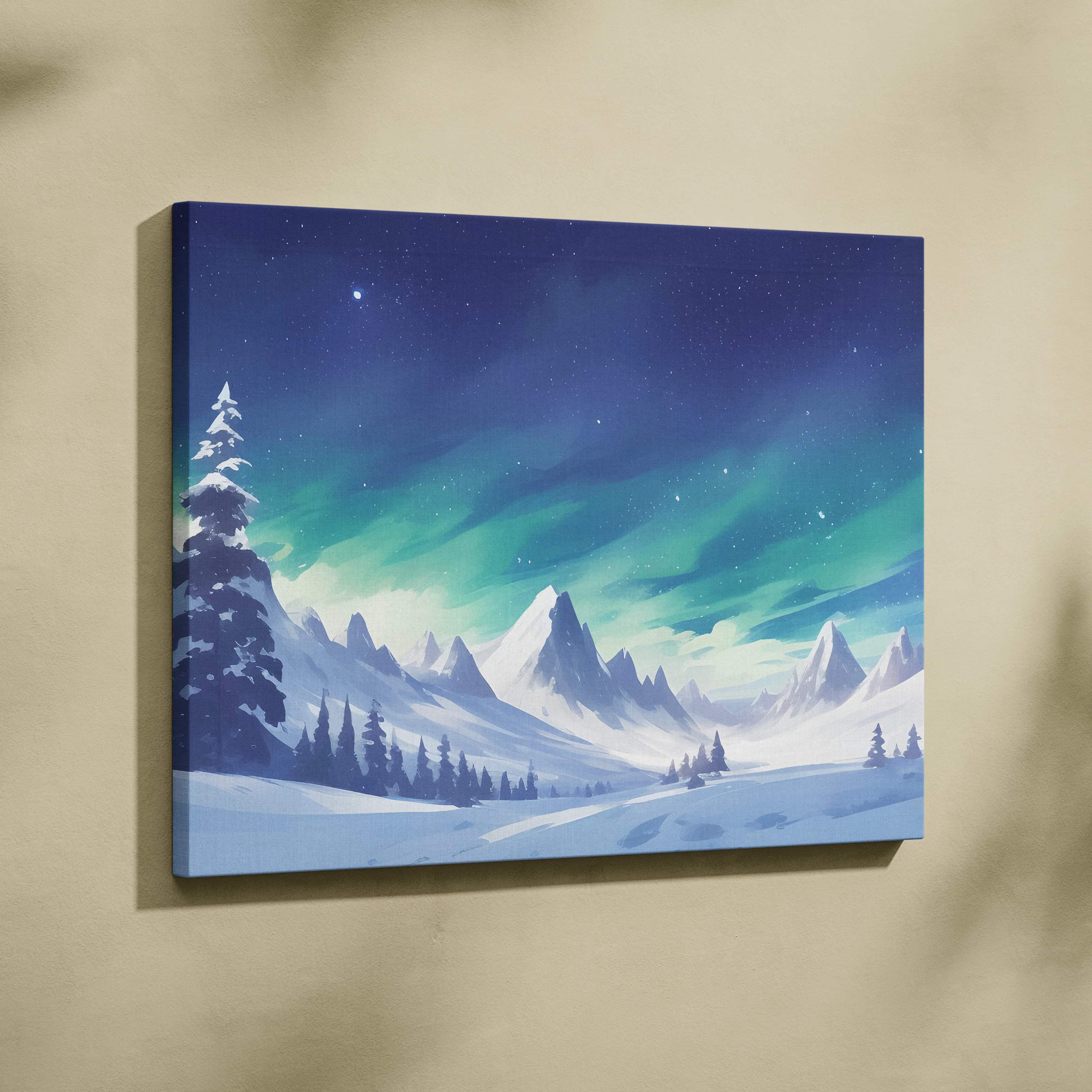 Snowy mountain under northern lights canvas art on beige wall