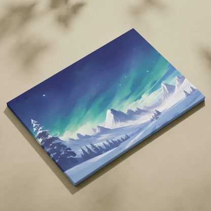 Snowy mountain landscape under northern lights canvas wall art