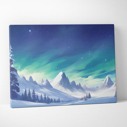 Snowy mountain landscape under northern lights canvas wall art