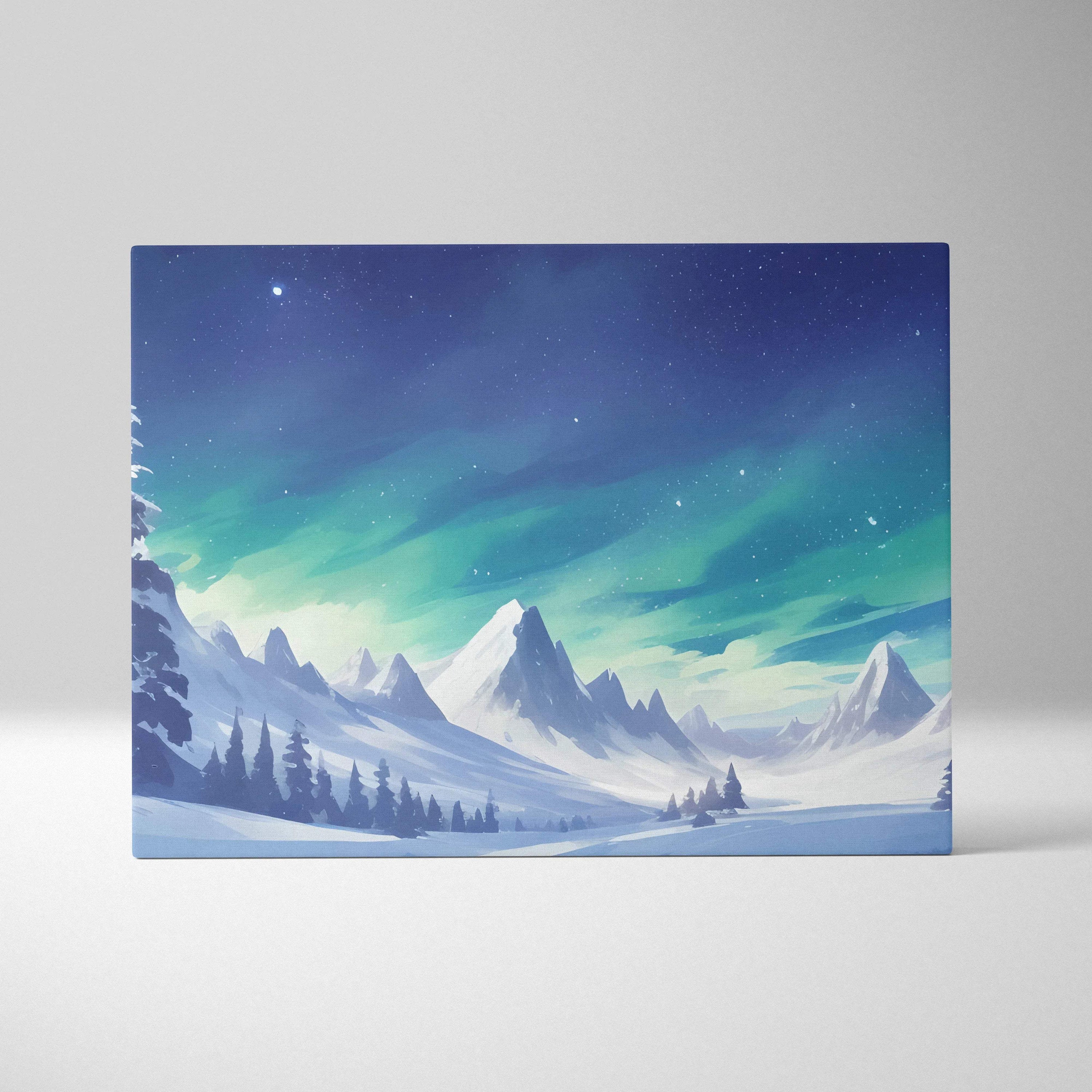 Snowy mountain landscape under northern lights canvas wall art