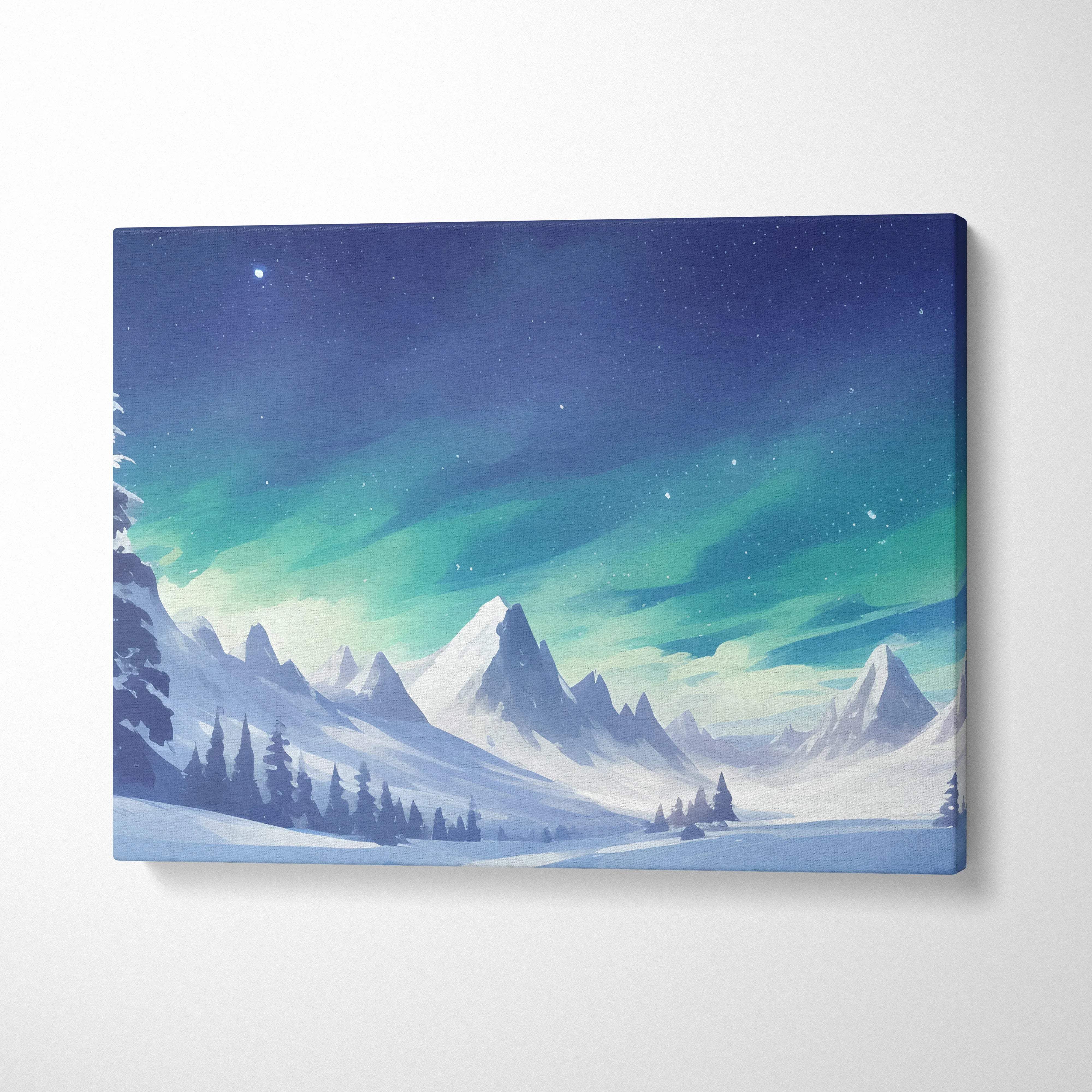 Snowy mountain landscape under northern lights canvas wall art