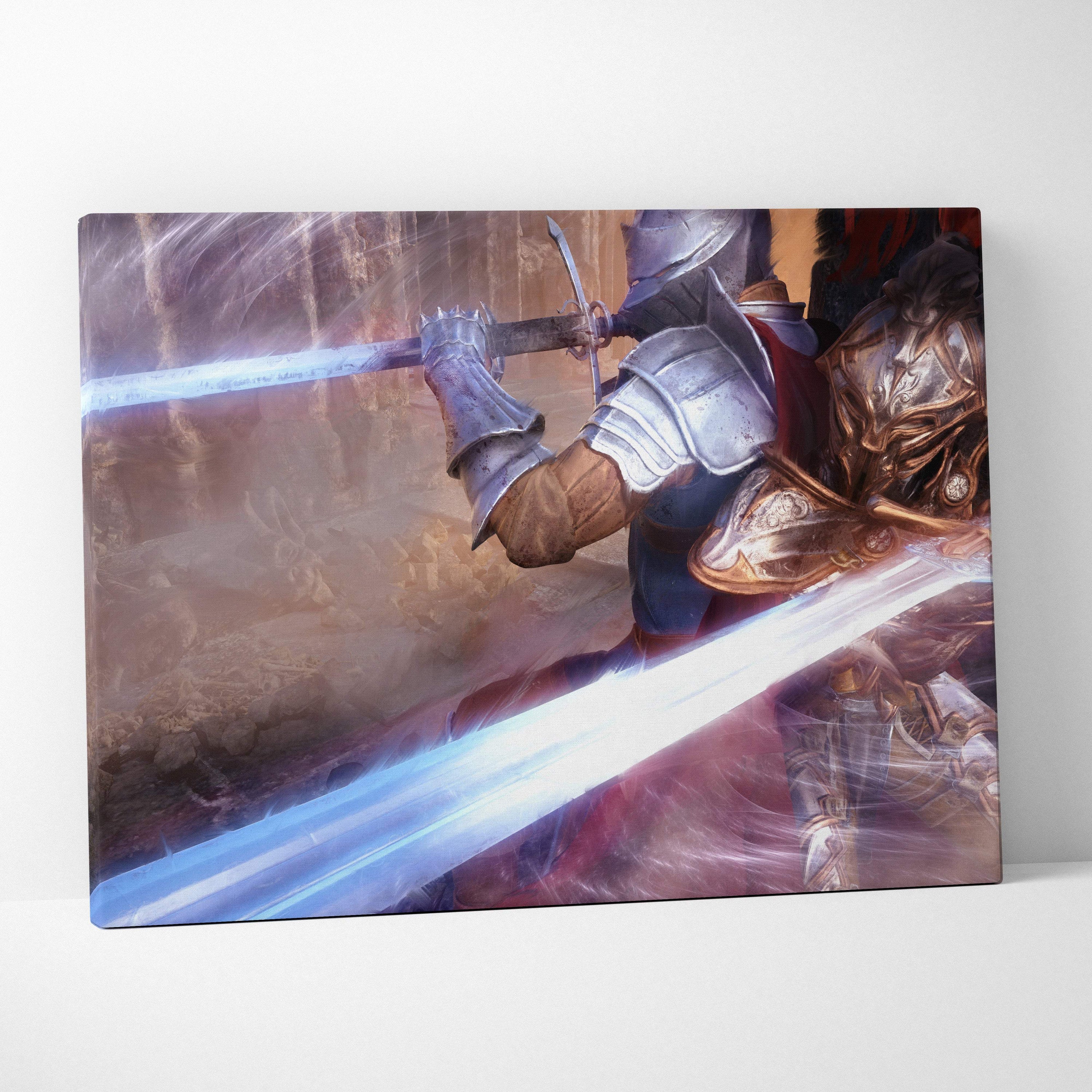 Canvas print of a knight in silver and gold armor wielding glowing blue swords in a high fantasy battle scene