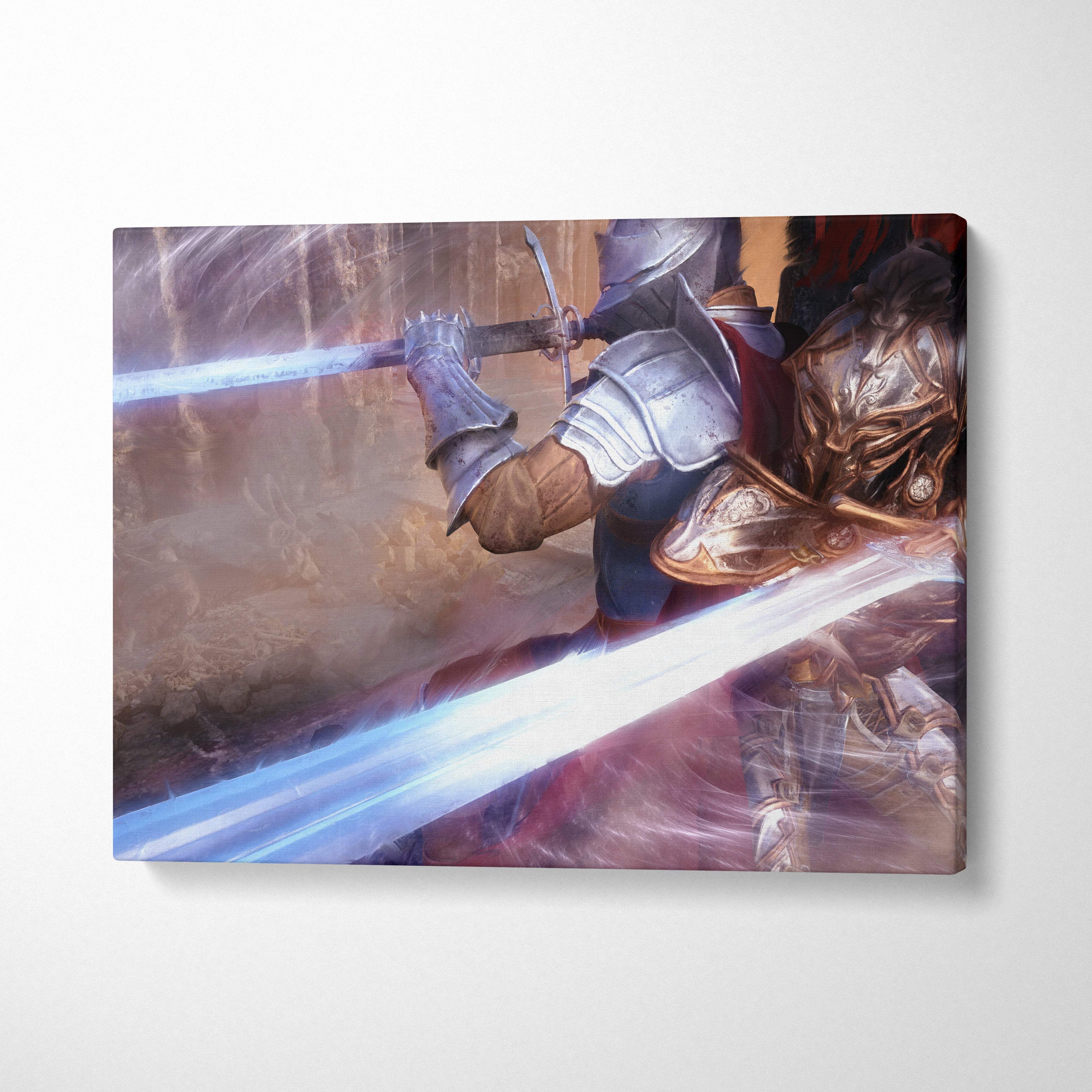 Canvas print of two armored warriors clashing with a glowing blue sword and ornate golden armor in high fantasy battle