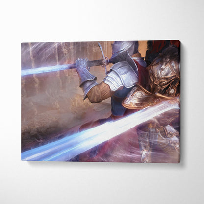 Canvas print of two armored warriors clashing with a glowing blue sword and ornate golden armor in high fantasy battle