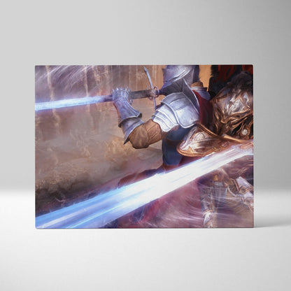 A rectangular canvas print showing two armored warriors clashing with glowing blue and golden swords in a high fantasy battle