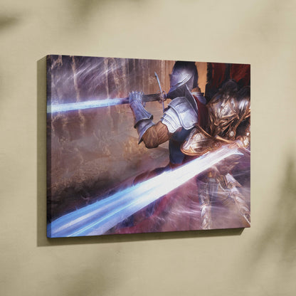 Canvas print of two armored knights clashing with a glowing blue sword and ornate golden armor in a high fantasy scene