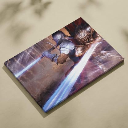 A rectangular canvas print featuring a knight in ornate armor wielding two glowing blue swords in a high fantasy battle scene