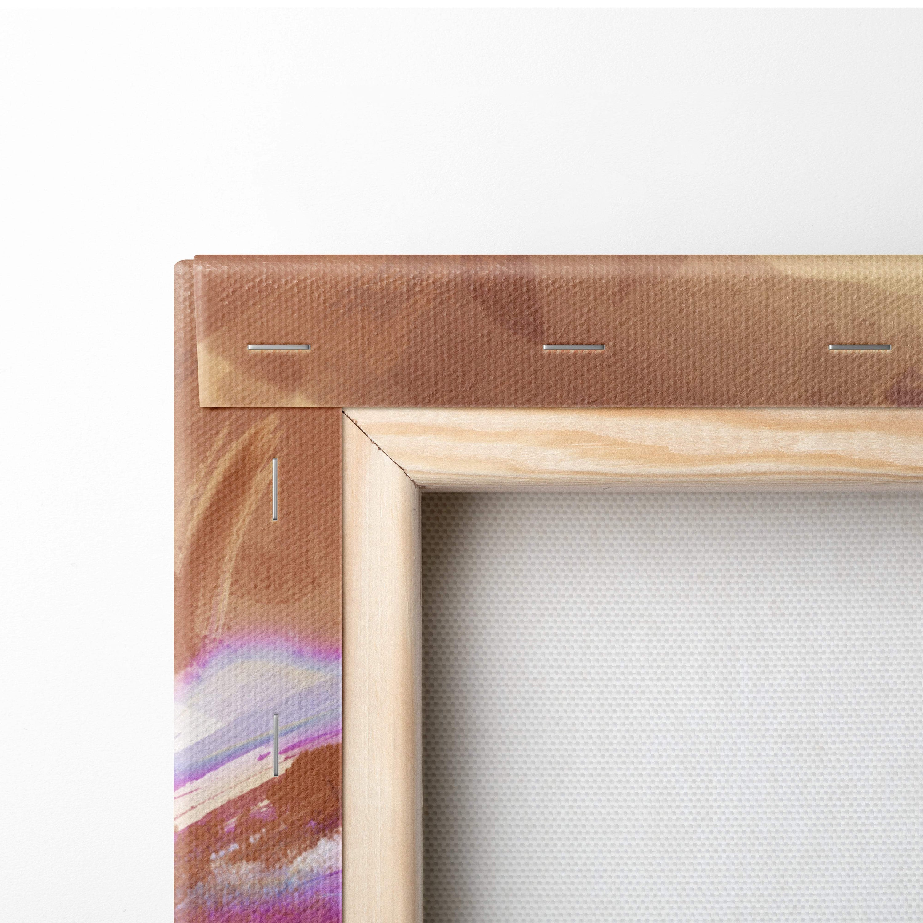 Light wooden frame canvas art with warm brown purple and pink hues featuring mystic shadow sorceress anime warrior