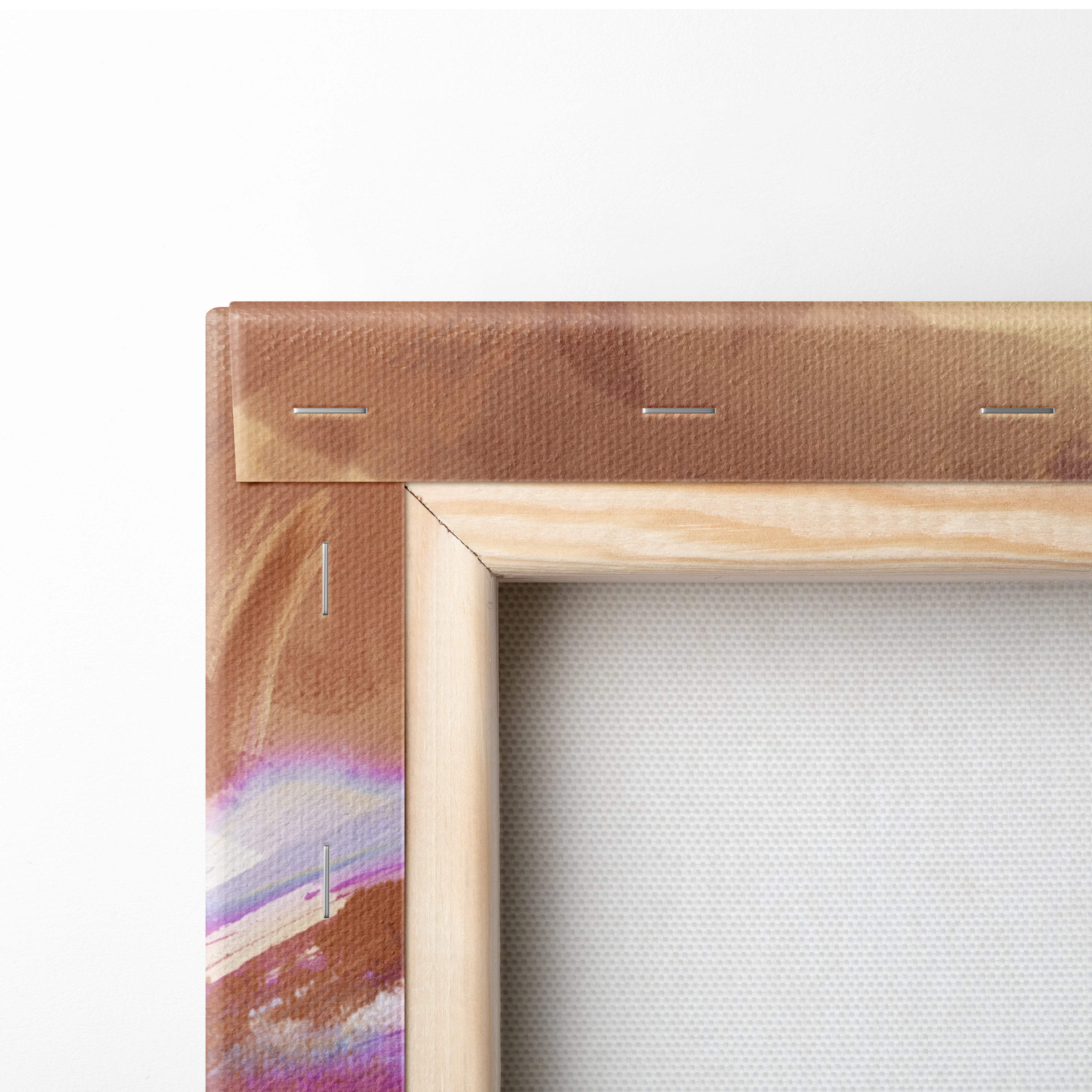 Light wooden frame canvas art with warm brown purple and pink hues featuring mystic shadow sorceress anime warrior