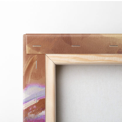 Light wooden frame canvas art with warm brown purple and pink hues featuring mystic shadow sorceress anime warrior