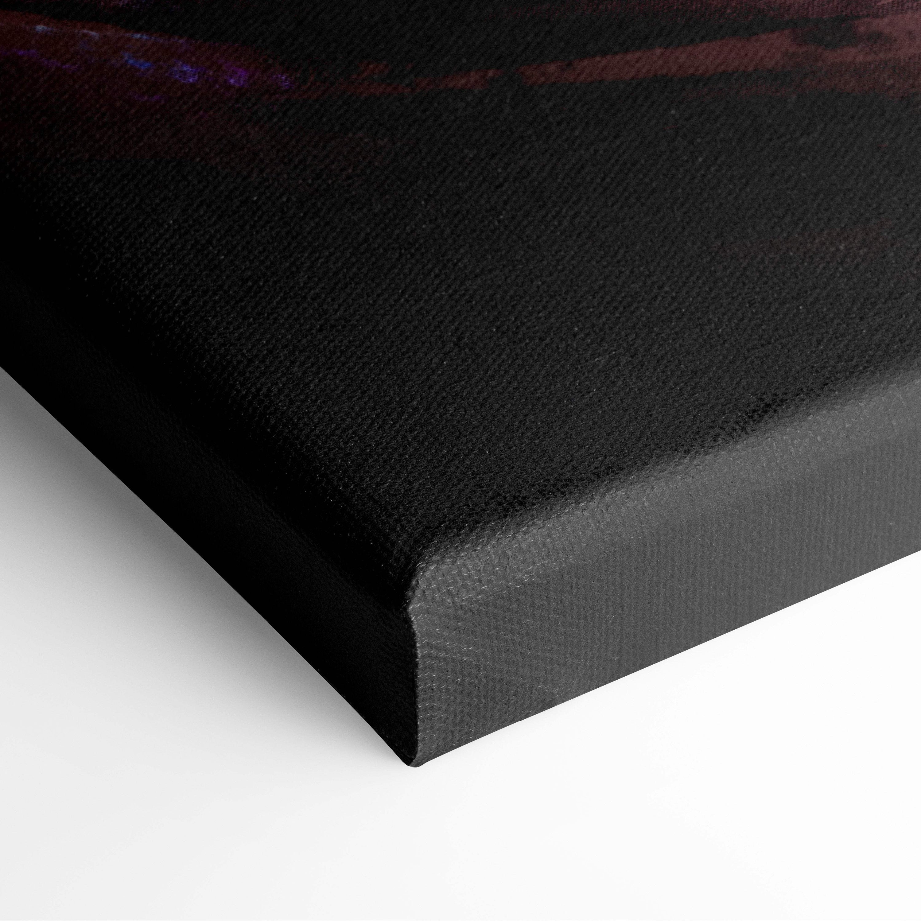 Mystic shadow sorceress black canvas art with textured surface and subtle purple accents featuring anime warrior and dragon