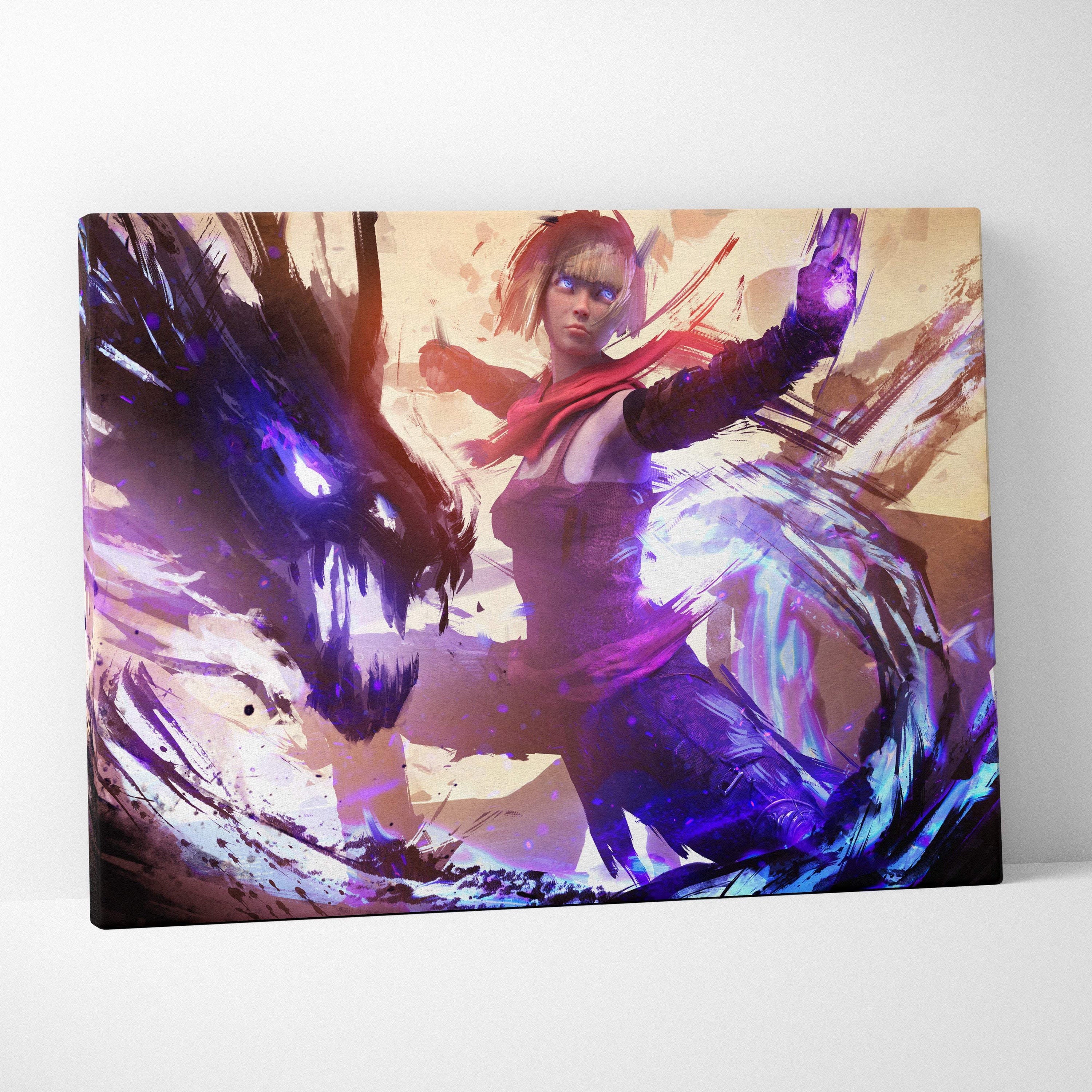 Vibrant purple and blue mystic shadow sorceress canvas art featuring anime-inspired warrior in dynamic combat pose