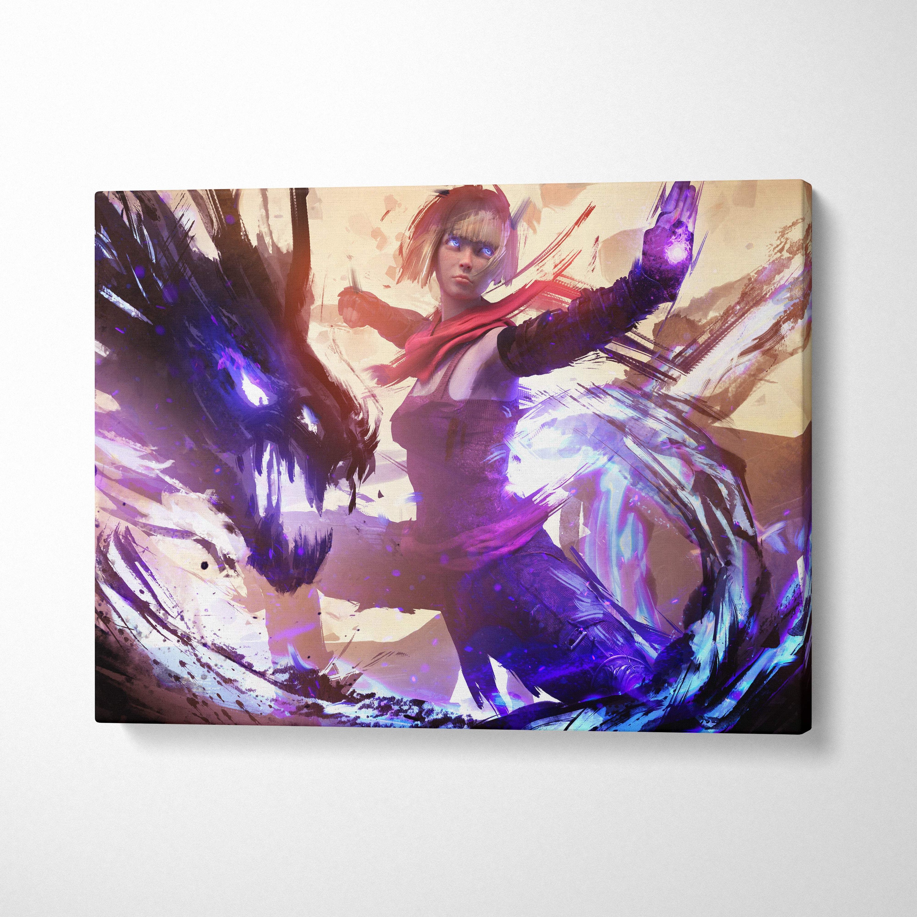 Vibrant mystic shadow sorceress canvas art featuring anime-style warrior in red and black with glowing purple energy battling dark dragon